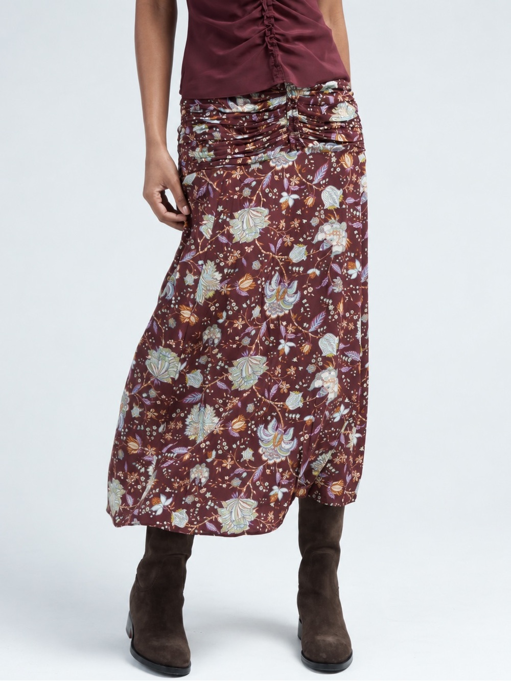 Ulla Johnson Imani Heliotrope Floral Ruched Silk Midi Skirt Size 10 - Picture 7 of 13
